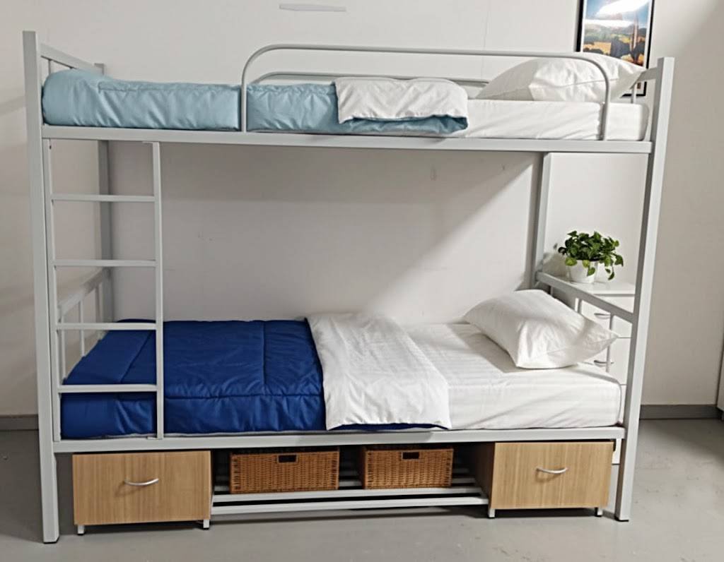 steel bunk bed with built-in wooden storage